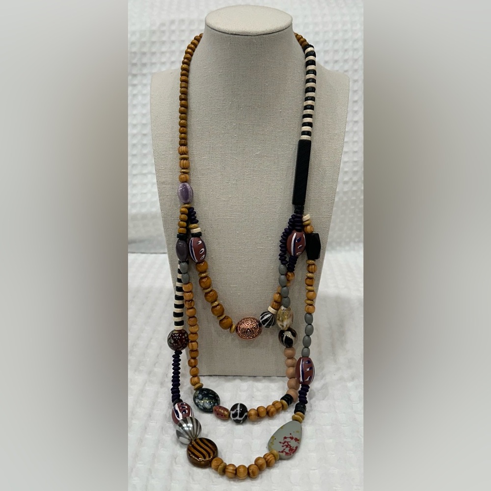 NWT New York & Company Long Triple Strand Boho Necklace with Wood & Beads 33”
